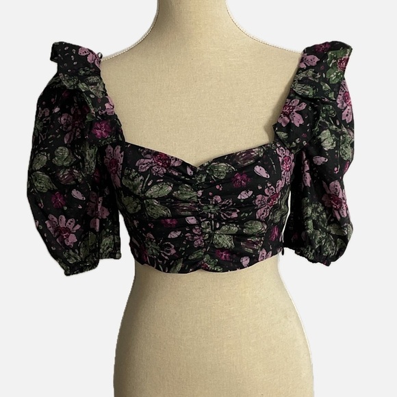 Zara Bustier Top Cropped Floral Smocked Back Puff Sleeve Size Small NWOT - Picture 2 of 10